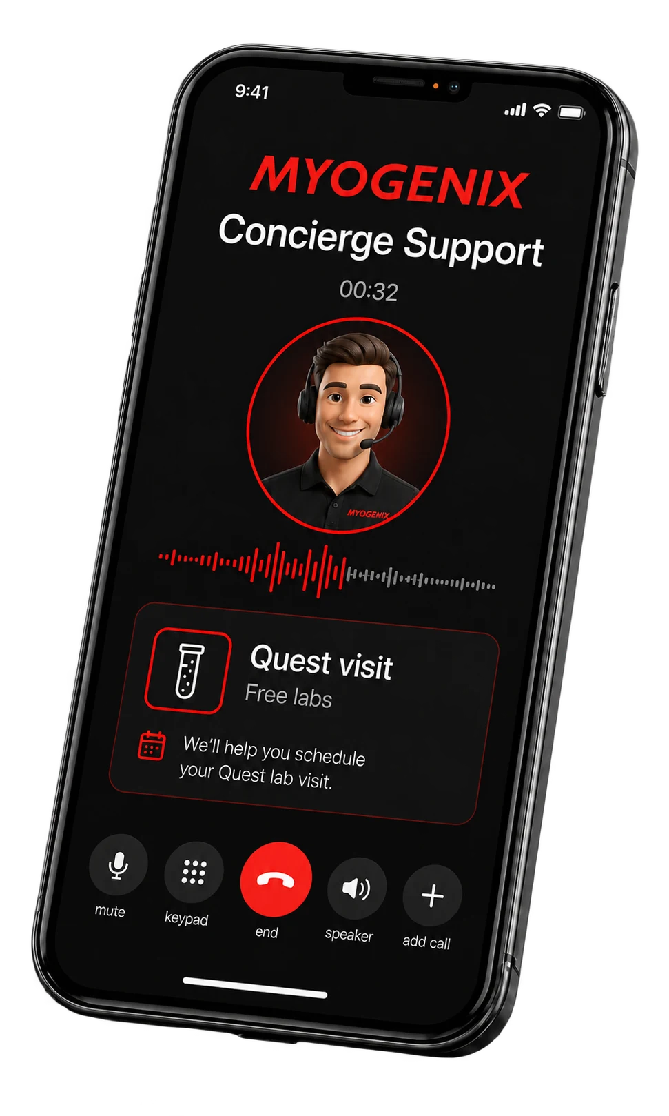 MyoGenix concierge support call coordinating a free Quest lab visit